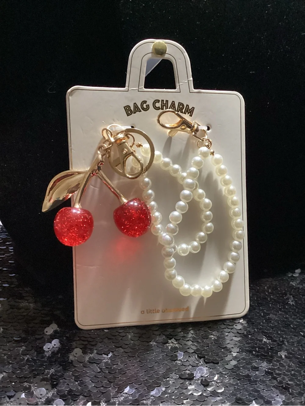 Pearl Loop Key & Red Cherry Bag Charm with Gold Accents